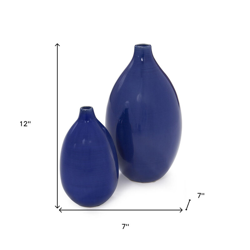 Modern Set of 2 Deep Indigo Ceramic Bulb Vases for Living Room or Dining