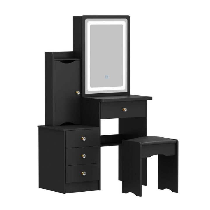 4-Drawers Black Wood Makeup Vanity Sets Dressing Table Sets with Stool, Mirror, LED Light, Door and Storage Shelves