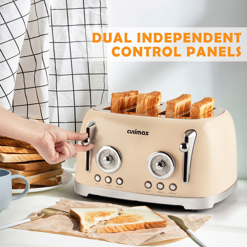 Cusimax Retro Toaster, 4 Slice with Extra Wide Slots for Bagels and Waffles, 6 Browning Levels and 4 Functions, Stainless Steel Toaster image number 4