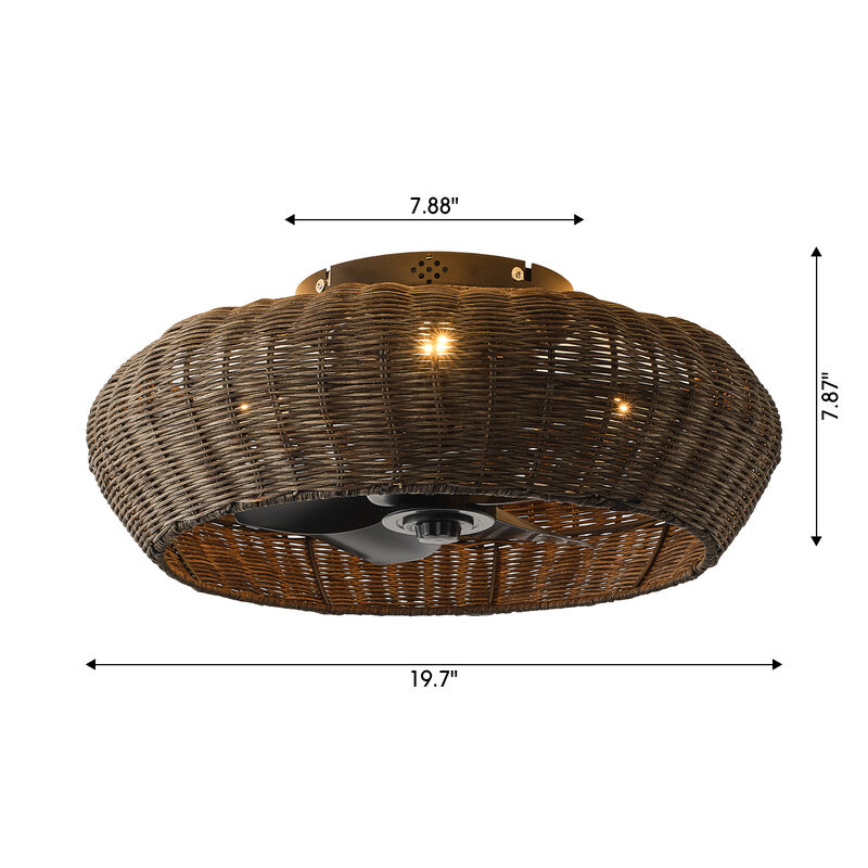 19.7" Boho Black Handwoven Rattan Caged Ceiling Fan with Light and Remote image number 5