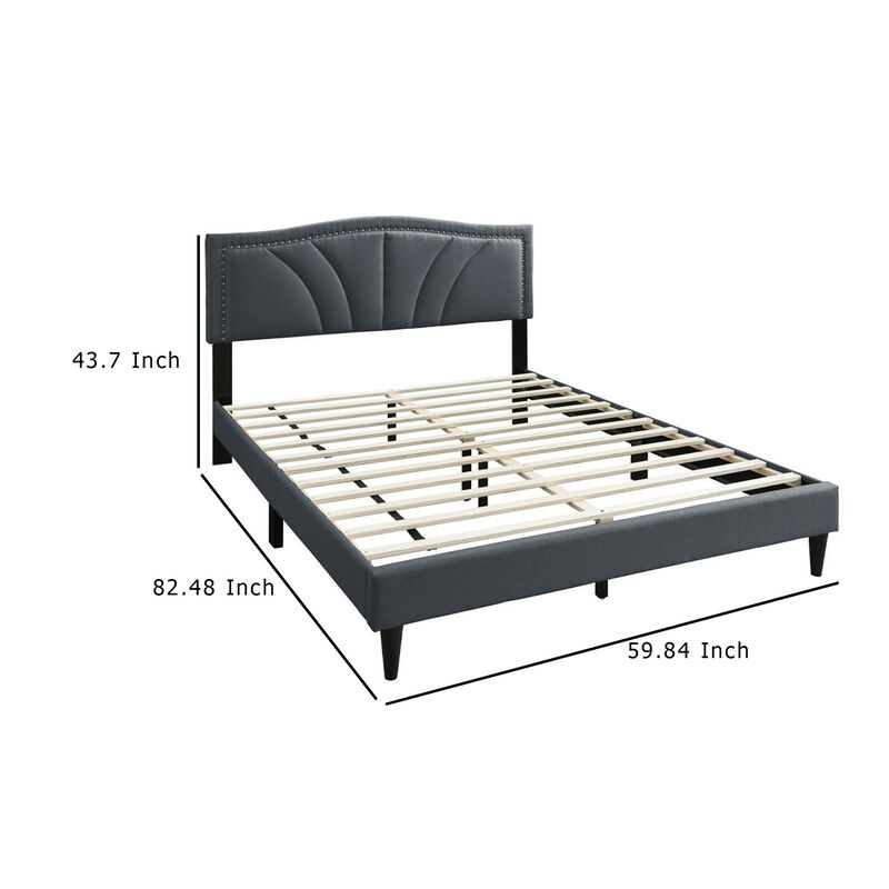 Reo Queen Size Bed, Charcoal Gray Burlap Upholstered Curved Headboard - Benzara