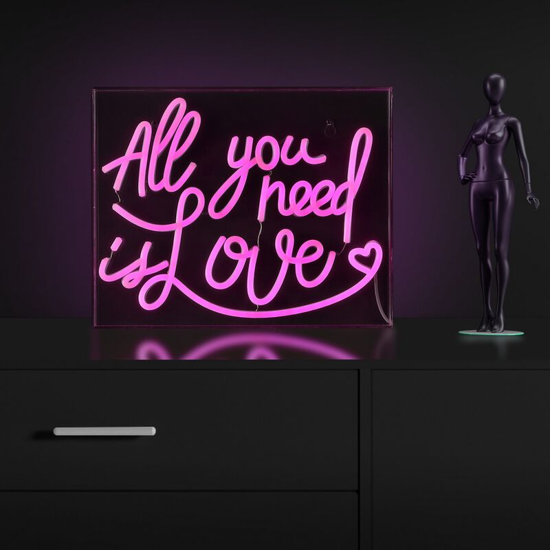 All You Need Is Love 13.7" X 10.9" Contemporary Glam Acrylic Box USB Operated LED Neon Light, Pink