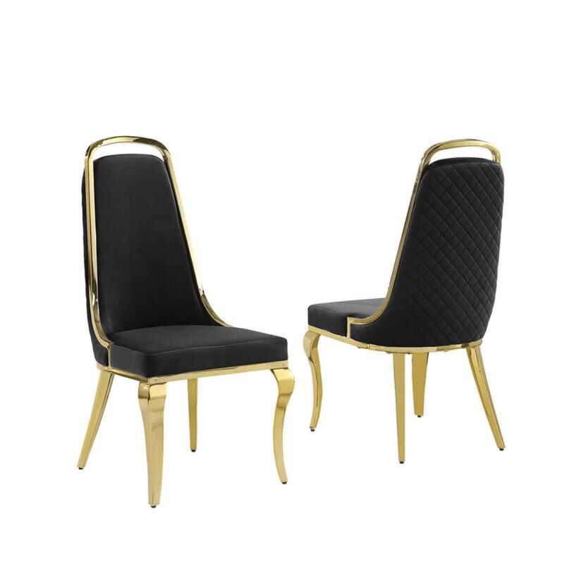 Best Quality Furniture Black Velvet High Back Chair With Gold Chrome Trim, Set Of 2