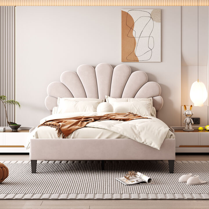 Merax Upholstered Platform Bed with Flower Pattern Velvet Headboard