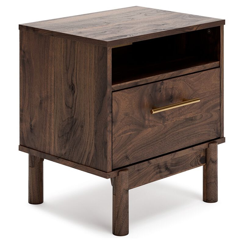 Cora 21 Inch Modern Wood Nightstand, 1 Drawer, Metal Bar, Brown and Gold-Benzara