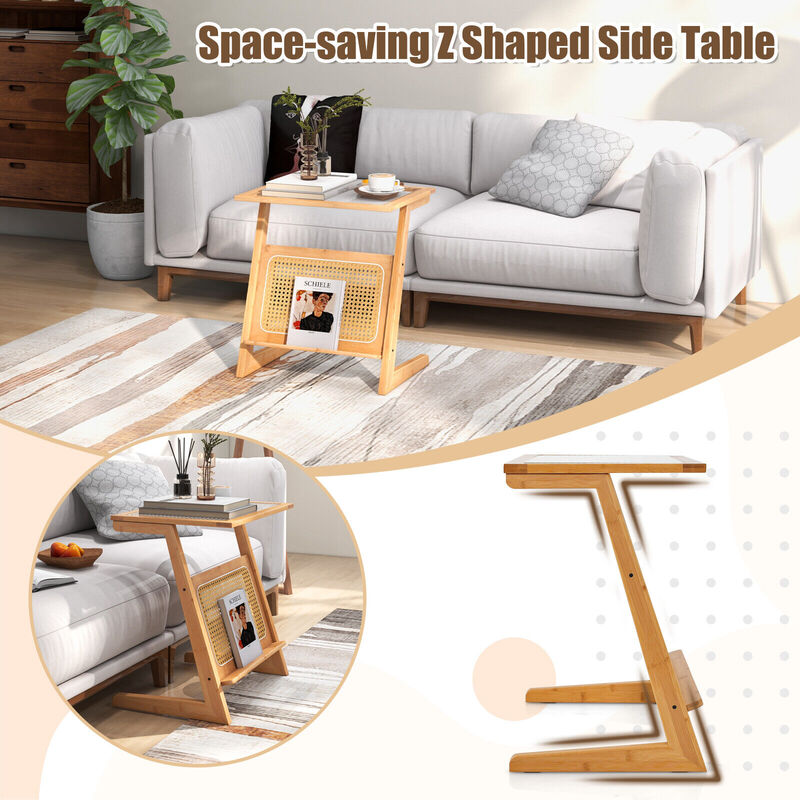Z-shaped End Table with Magazine Rack and Rattan Shelf-Natural