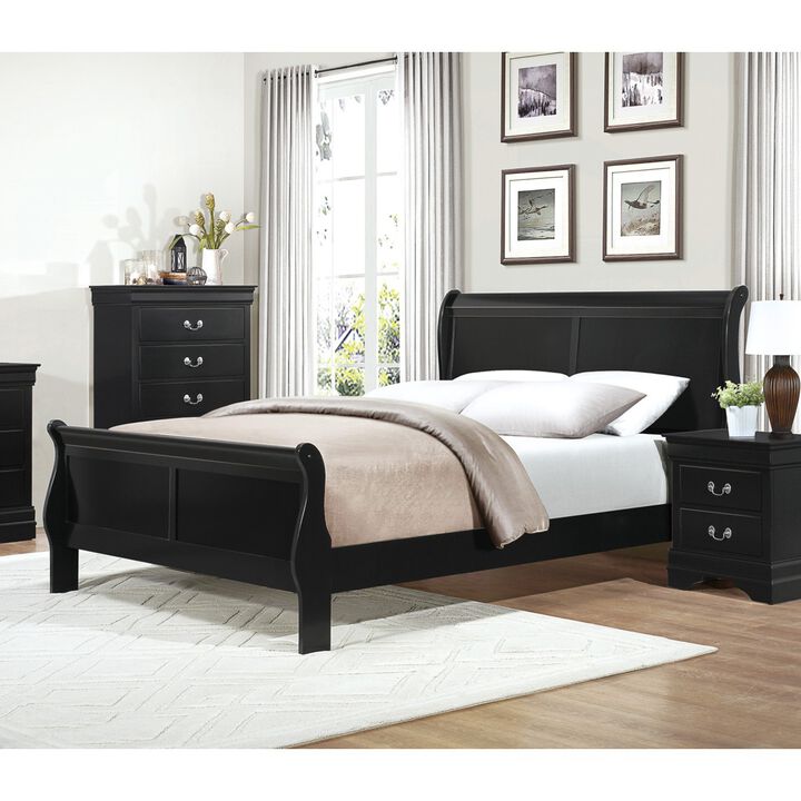 Black Finish Louis Philippe Style 1 Piece Queen Size Sleigh Bed Traditional Design Furniture