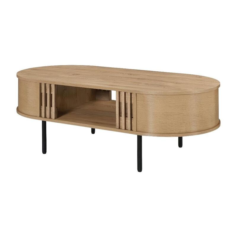 Earth-toned Oval Wood Coffee Table with Cam Bolt and Metal Accents, Surface image number 0