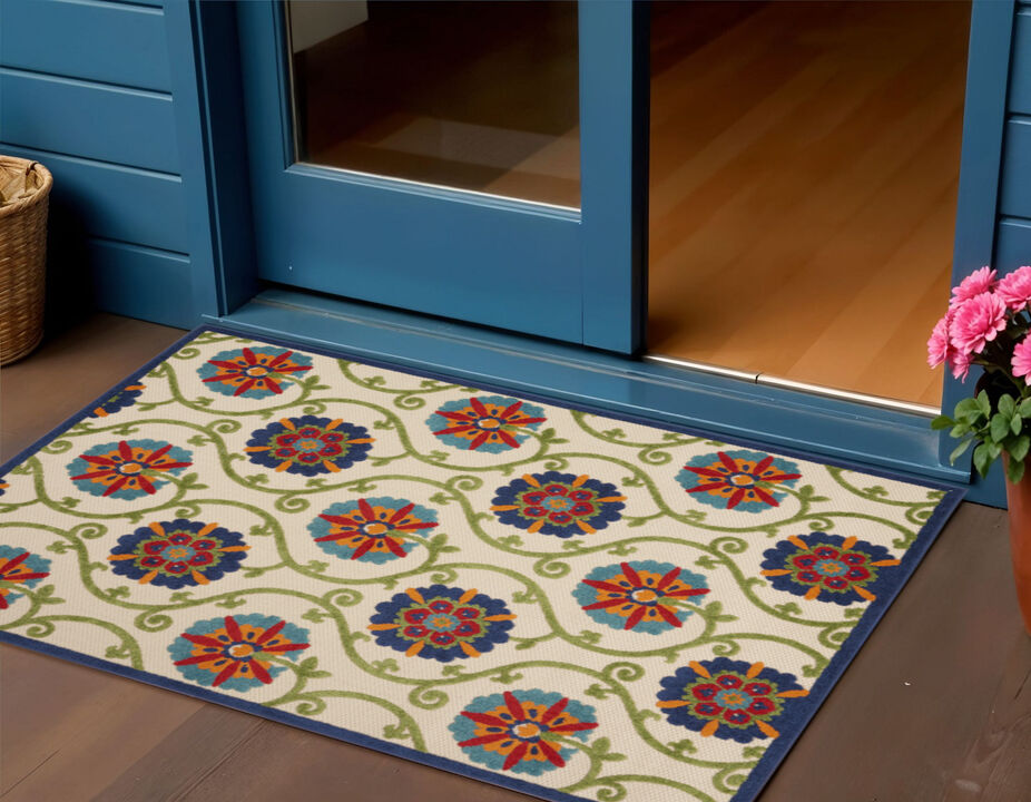 HomeRoots 3' X 4' Navy Blue Beige Green Blue And Red Floral Indoor Outdoor Area Rug