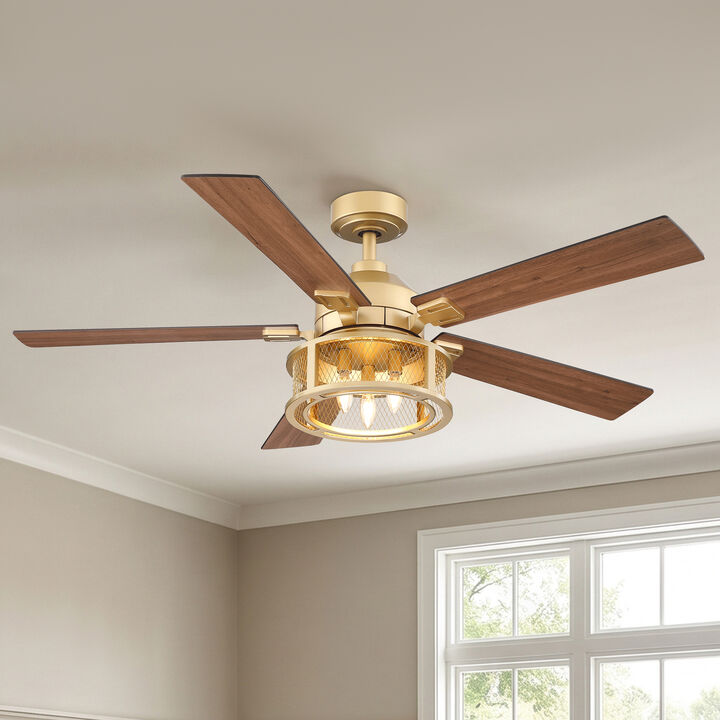 52 in. Modern Mesh Metal Reversible Blades Gold Ceiling Fan with Light and Remote