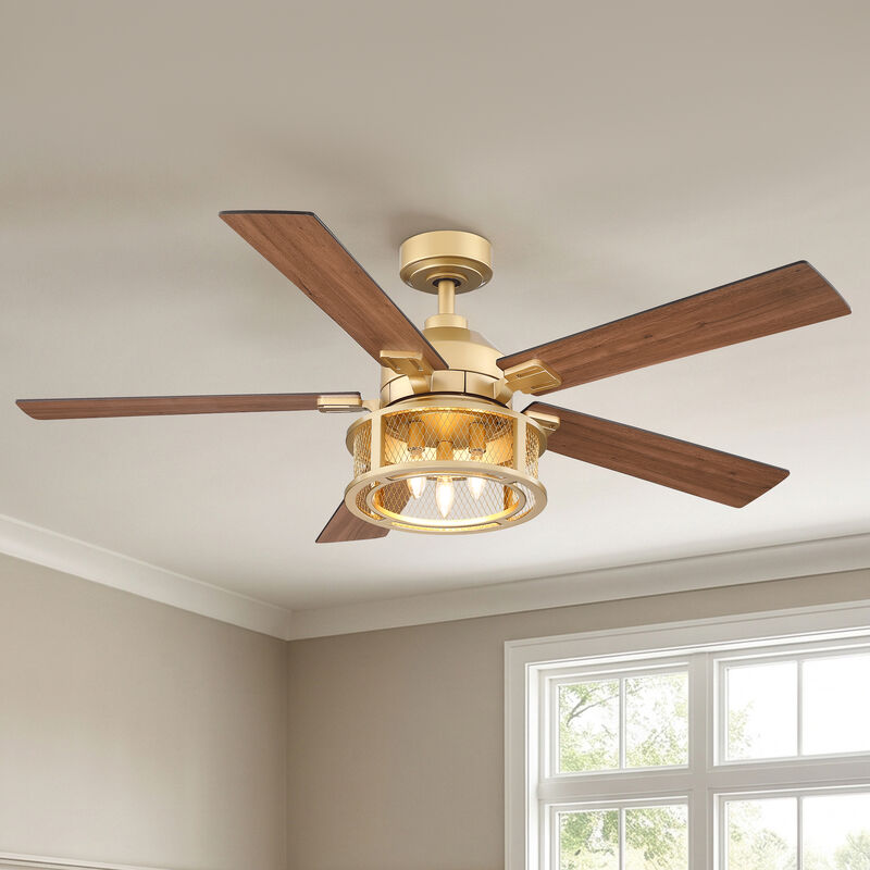 52 in. Modern Mesh Metal Reversible Blades Gold Ceiling Fan with Light and Remote image number 1