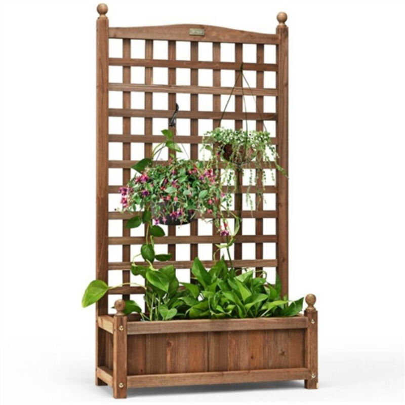 Solid Wood Farmhouse Garden Planter Box with High Trellis