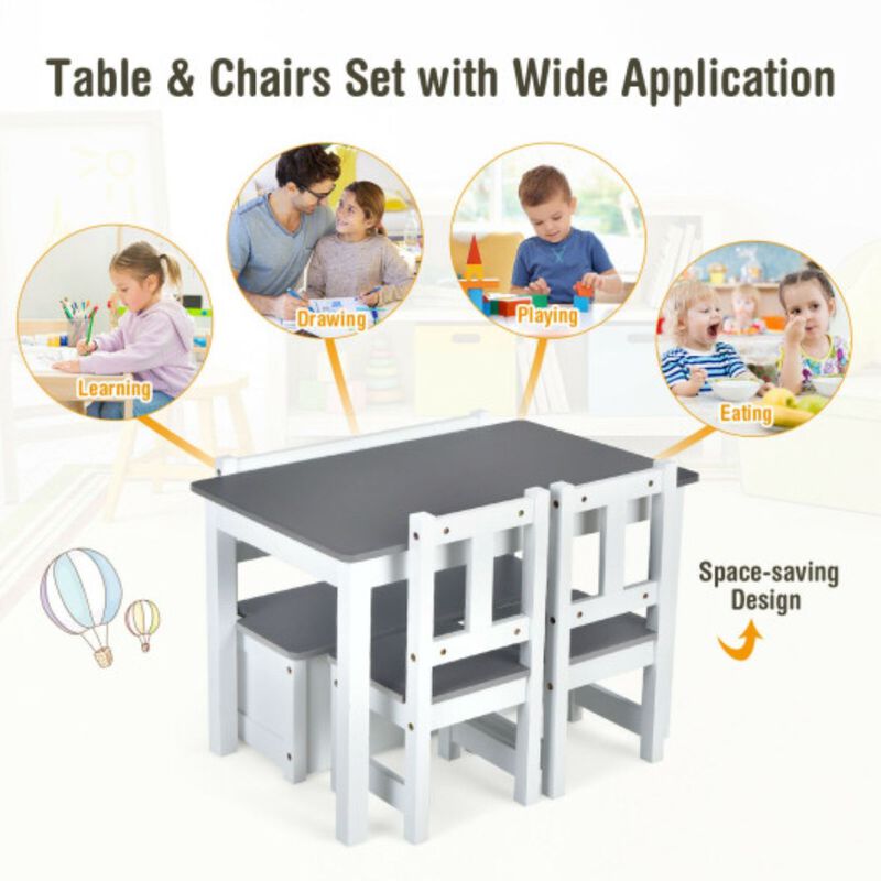 4 Pieces Kids Wooden Activity Table and Chairs Set with Storage Bench and Study Desk