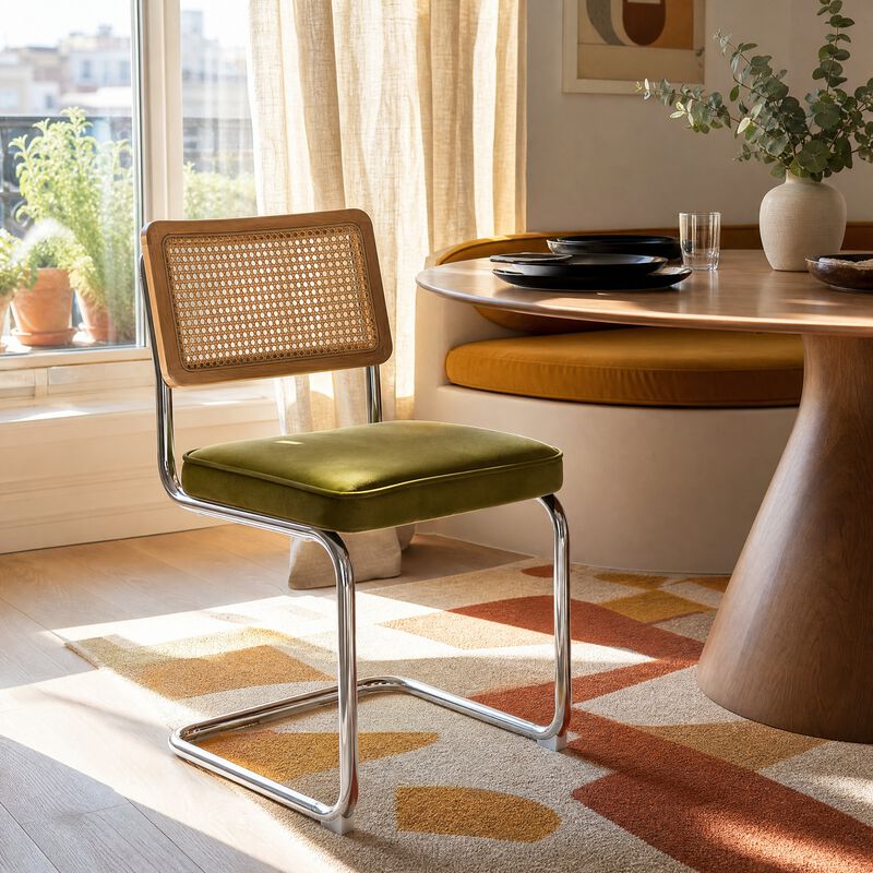 Whisen 2-Piece Mid Century Dining Chairs, Velvet Upholstered with Cane Back & Chrome Base, Cantilever Design for Kitchen image number 1
