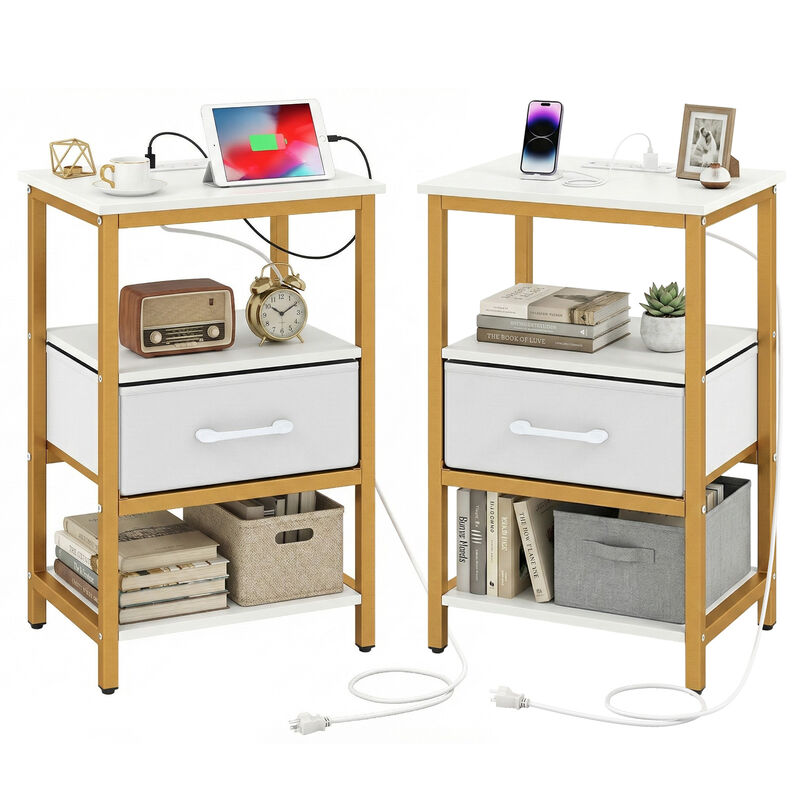 Set of 2 Nightstands with Built in Charging Station and Fabric Drawer for Bedroom-White