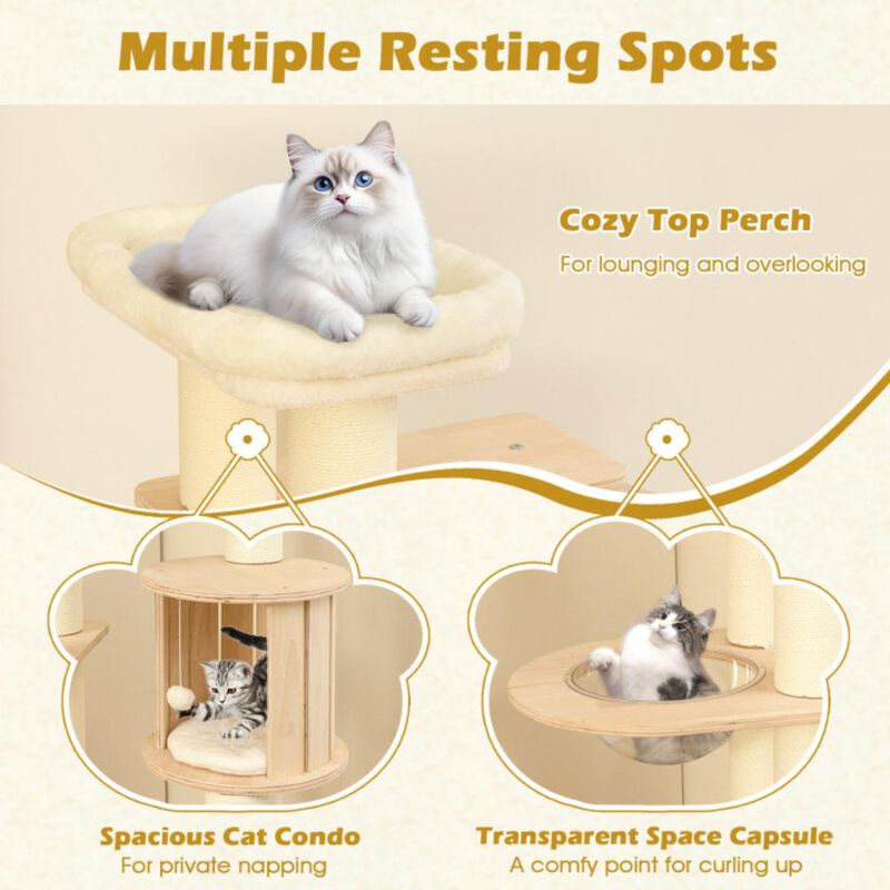 Hivvago 71 Inch Tall Cat Tree Wooden Cat Tower with Cozy Perch Condo Space Capsule