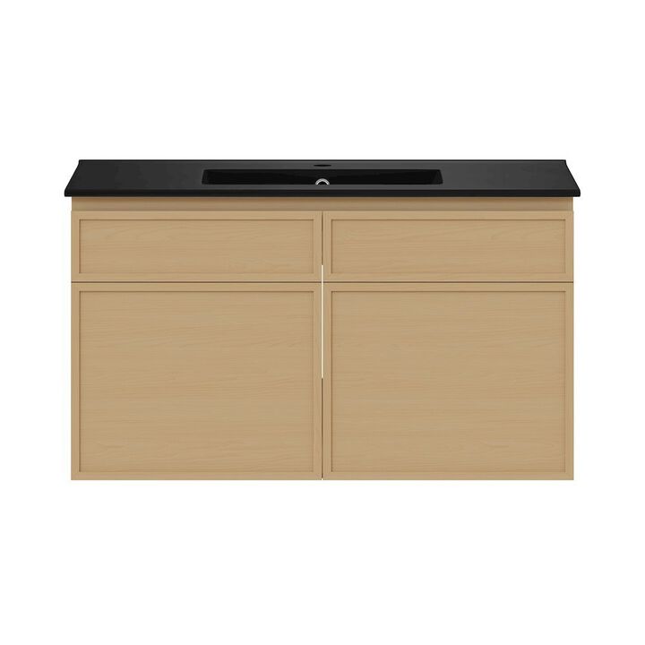 St. Tropez 36" Wall-Mounted Bathroom Vanity in Natural Oak with Black Sink Top