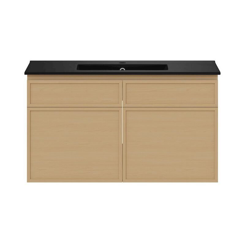 St. Tropez 36" Wall-Mounted Bathroom Vanity in Natural Oak with Black Sink Top image number 0