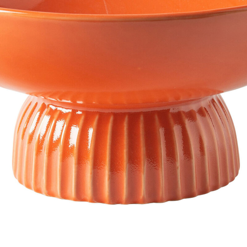 Ribbed Pedestal Fruit Bowl, Wide Basin, Glazed Orange Ceramic 11 Inch image number 6