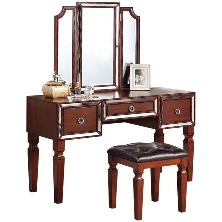 Luxurious Majestic Classic Cherry Color Vanity Set w Stool 3- Storage Drawers 1pc Bedroom Furniture Set Tri-Fold Mirror