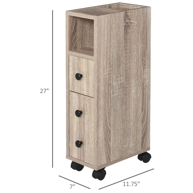 Oak Bathroom Storage: Compact Cabinet with Wheels and Multiple Compartments