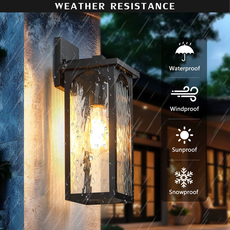 15" Modern Industrial Sand Black 1-Light Dimmable Outdoor Wall Lantern with Water-Ripple Glass image number 3