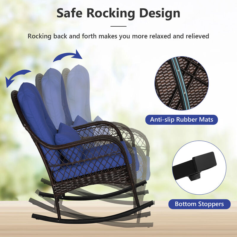 Patio Rattan Rocking Chair with Seat Back Cushions and Waist Pillow image number 5
