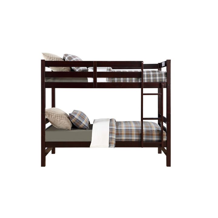 Slatted Twin Over Twin Bunk Bed with Attached Ladder, Espresso Brown-Benzara