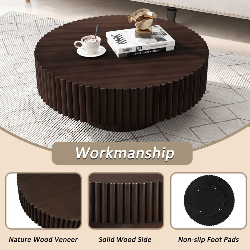 31.5'' Round Wood Coffee Table, Modern Fluted Drum Tea Table, Retro Circle Center Table image number 4