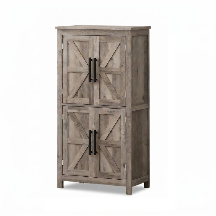 Farmhouse Storage Cabinet Light Gray Rustic Floor Cabinet with Barn Door, Adjustable Shelves