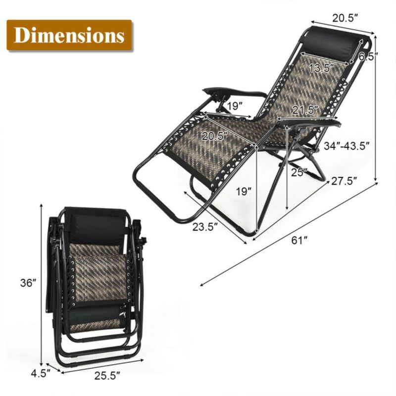 Hivvago Folding Rattan Zero Gravity Lounge Chair with Removable Head Pillow