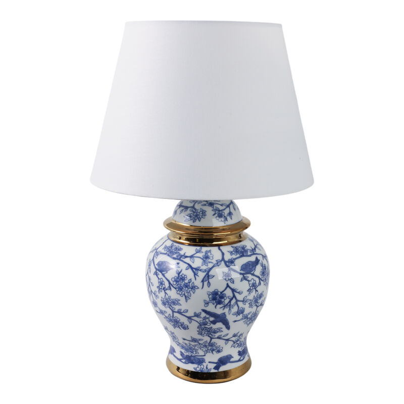 19" Chinoiserie Birds Table Lamp Gold Trim, White/ image number 0