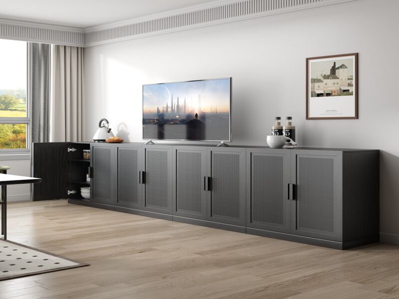 62" High Black Wicker Door Wood Grain Decorative Storage Cabinet with 12 Shelves