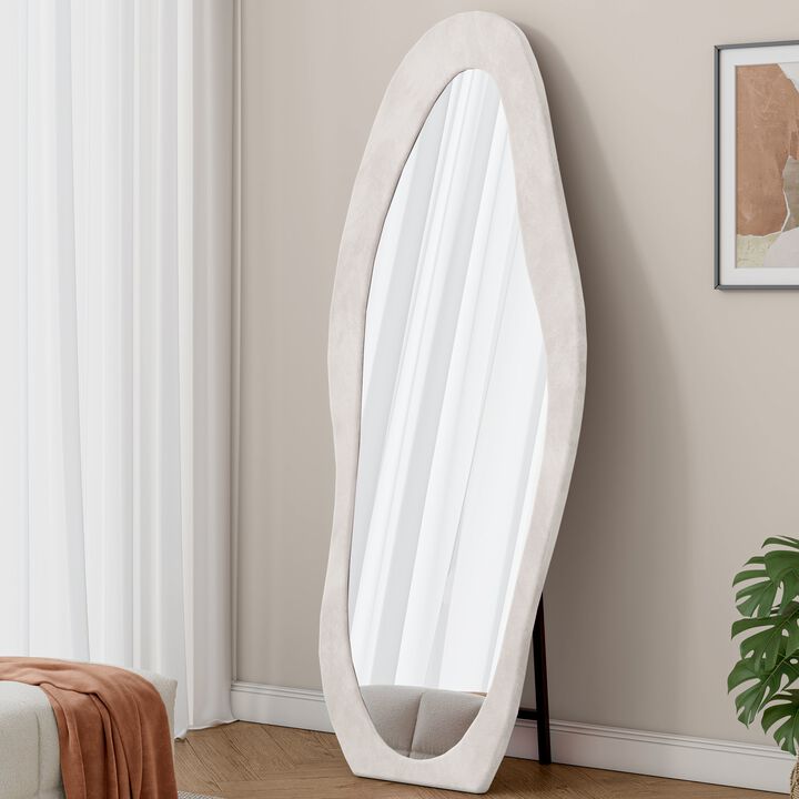 Full Length Mirror 63 x 24 Irregular Wavy Floor or Wall Mirror with Flannel Wrapped Wooden Frame for Bedroom Living Room