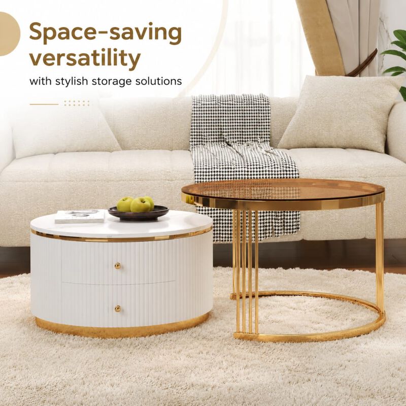 GOODSILO Modern 2-Piece Round Nesting Coffee Table Set with Storage Drawers, Space-Saving Versatile Furniture for Living Room and Small Home Spaces image number 4
