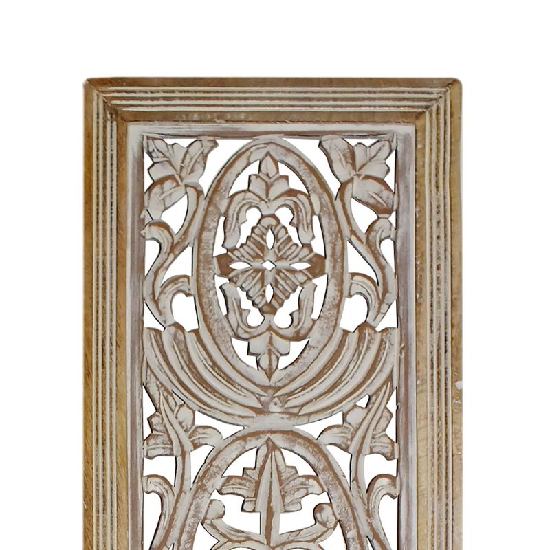 Rectangular Mango Wood Wall Panel Hand Crafted With Intricate Carving, White and Brown-Benzara image number 2