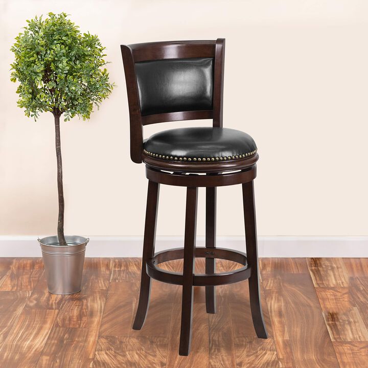 Flash Furniture Mark 29'' High Cappuccino Wood Barstool with Panel Back and Black LeatherSoft Swivel Seat