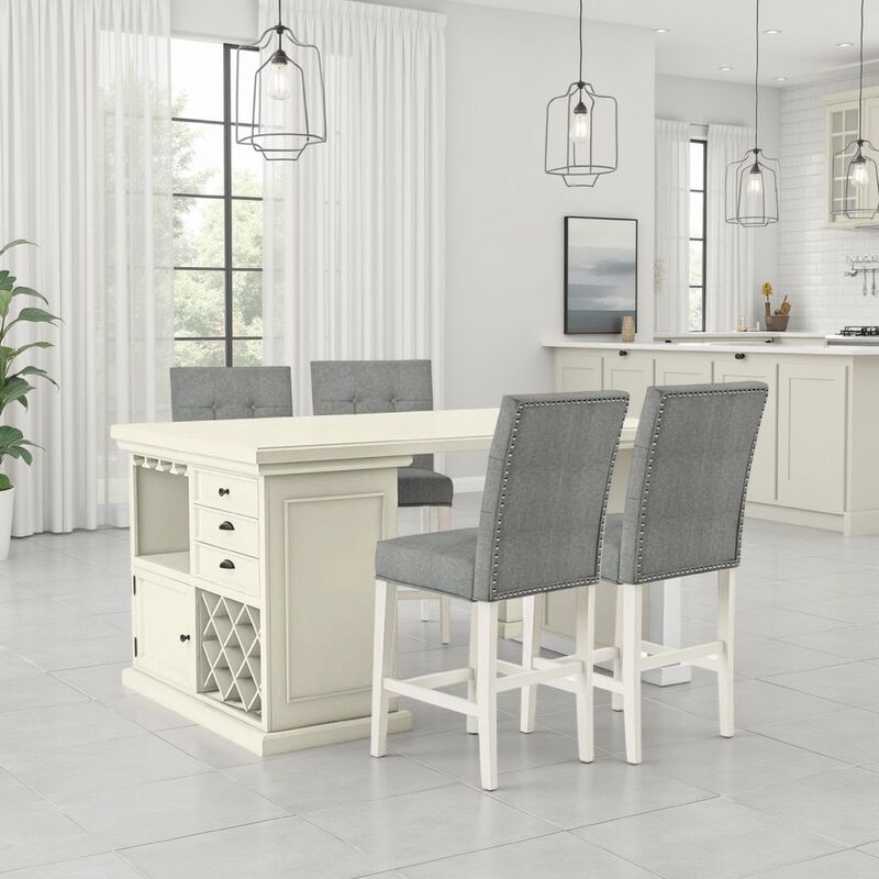 Tino 5pc Counter Height Table and Chair Set, Antique White Solid Wood - Benzara