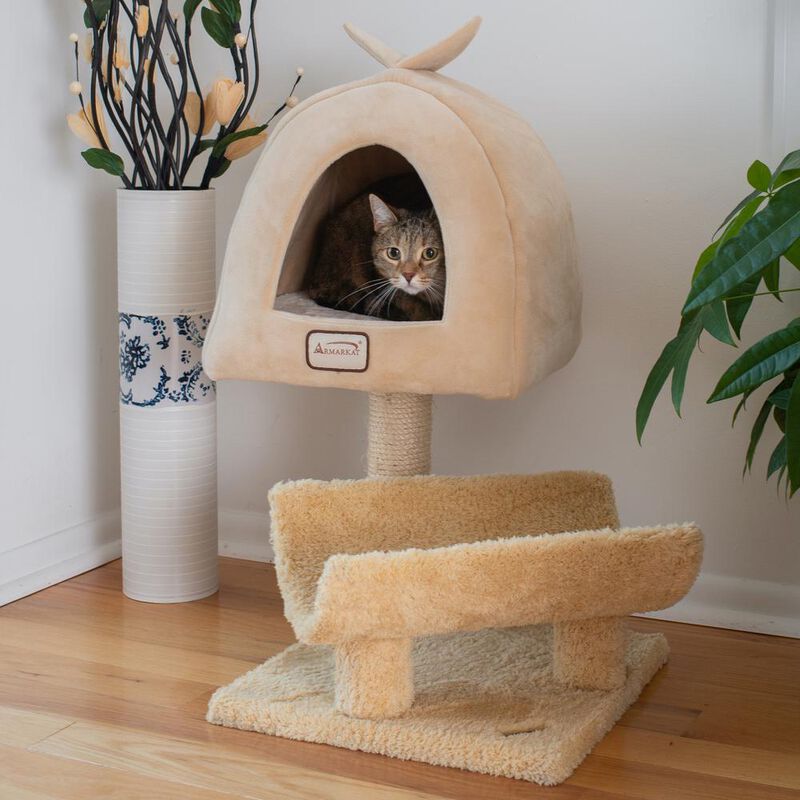 Armarkat Real Wood Cat Condo, Cat Scratching Post With Plush Condo, Cuddle