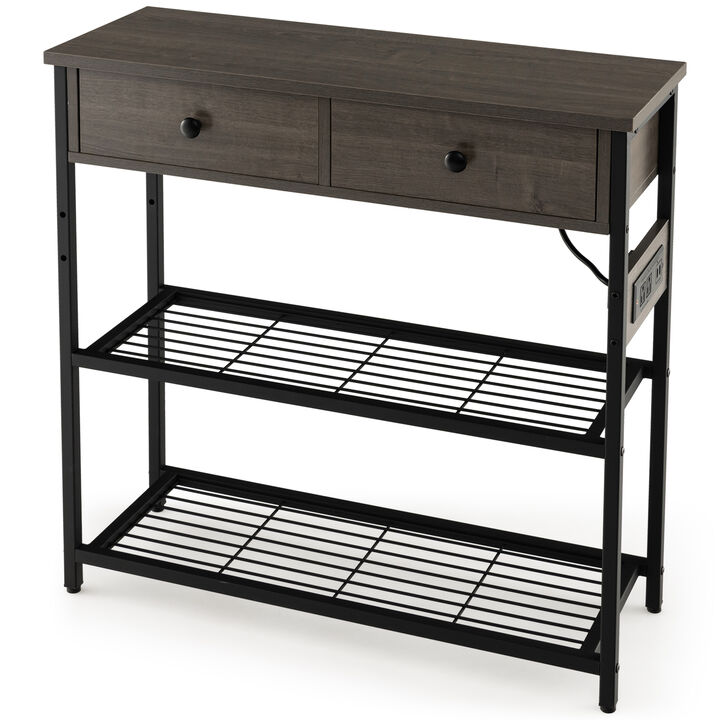 Narrow Console Table with 2 Drawers and 2 Metal Mesh Shelves