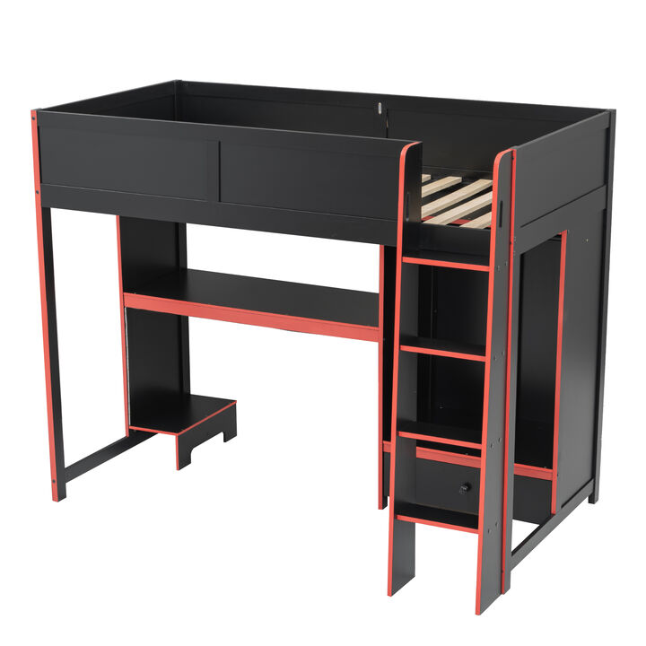 Merax Twin Size Black Wooden Gaming Loft Bed with Desk, Wardrobe, Drawer