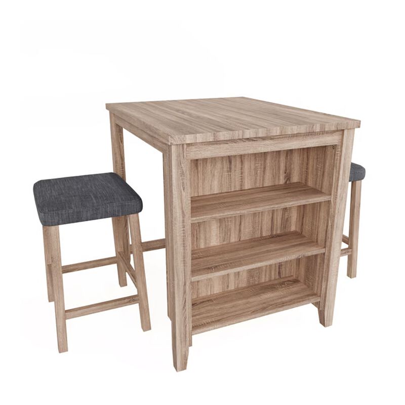 Dawny 3pc Counter Height Table Set with Stools, Shelves, Brown Oak Wood - Benzara