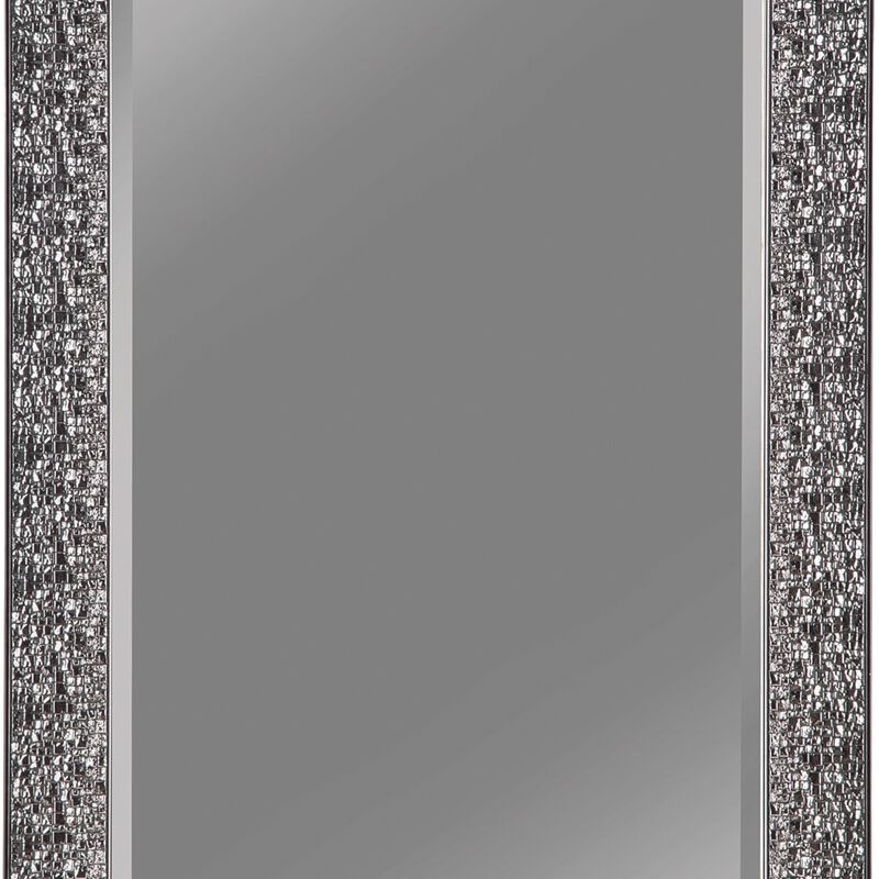 Rectangular Beveled Accent Floor Mirror with Glitter Mosaic Pattern, Gray - Benzara