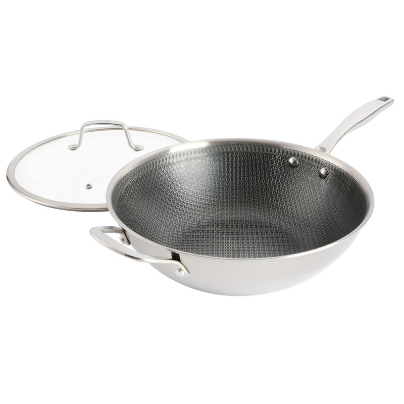 Kenmore Elite Luke 12 Inch Non-Stick Tri-Ply Stainless Steel Wok with Glass Lid