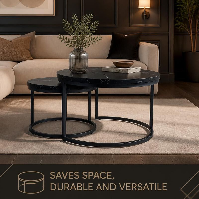 GOODSILO Round Nesting Coffee Table Set of 2, Space-Saving Stackable Side Tables with Marble Pattern Top and Sturdy Metal Frame for Living Room Bedroom Balcony image number 4