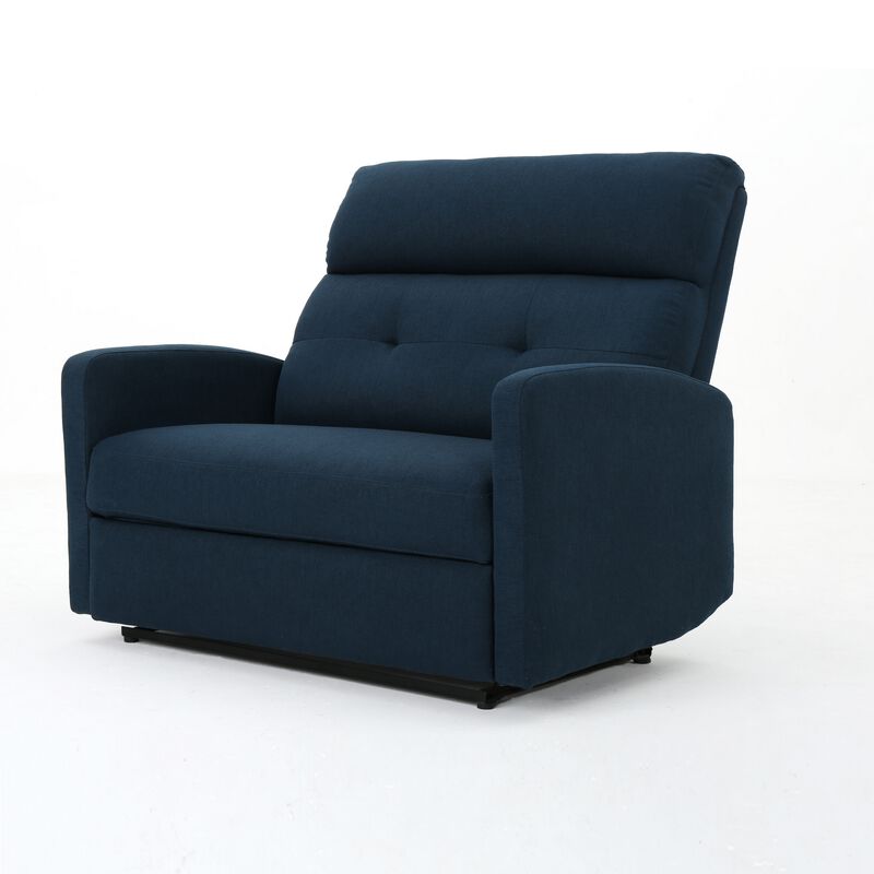 Power Recliner Chair, Oversize Wide Seat, Tufted Navy Blue Fabric - Benzara