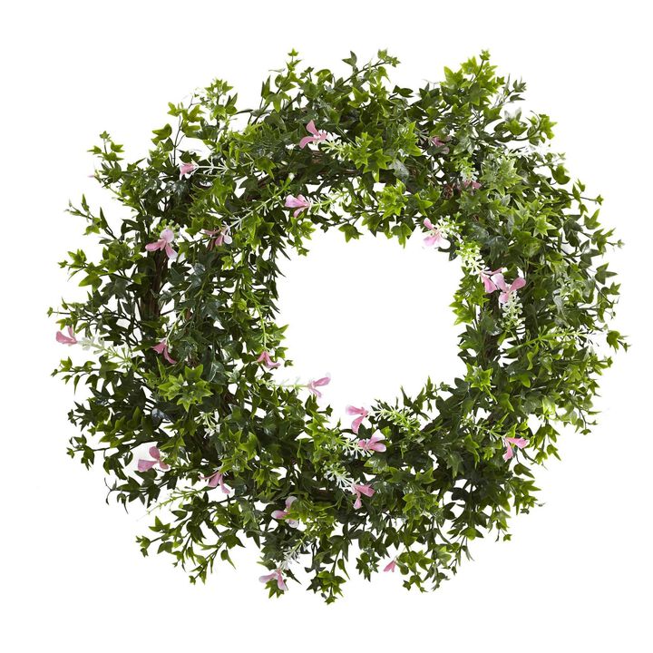 Nearly Natural 18-in Mini Ivy & Floral Double Ring Wreath w/Twig Base