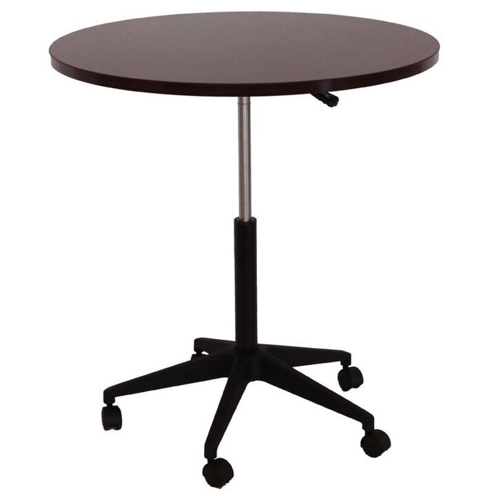 Mobile Table w Casters, Round Wood Top, Height Adjustable, Brown 27-38 Inch