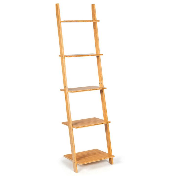 Hivvago 5-Tier Modern Bamboo Wall-Leaning Display Ladder Bookshelf