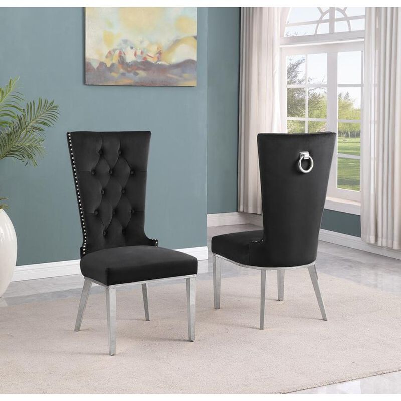 Best Quality Furniture Black Velvet Side Chair With Silver Stainless Steel Base (Set Of 2)
